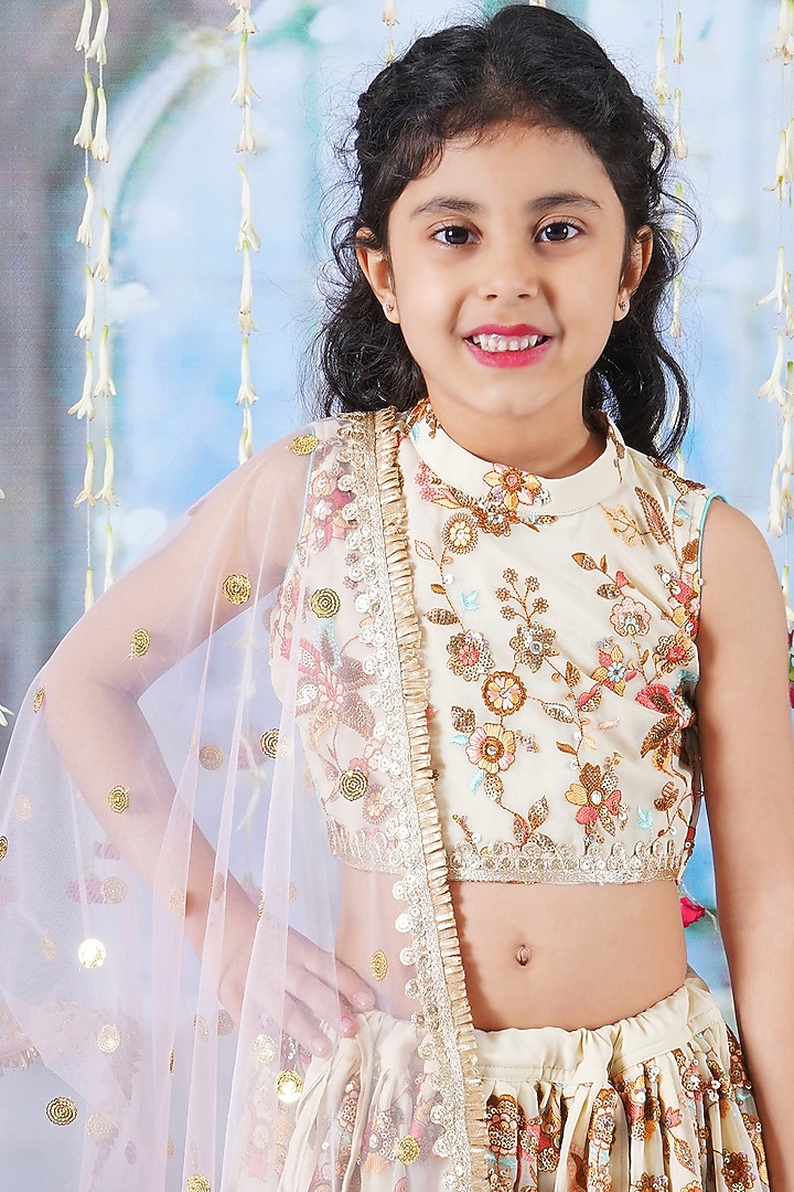 Beige Georgette Thread & Sequins Embroidered Lehenga Set For Girls by Little Bansi at Pernia's Pop Up Shop