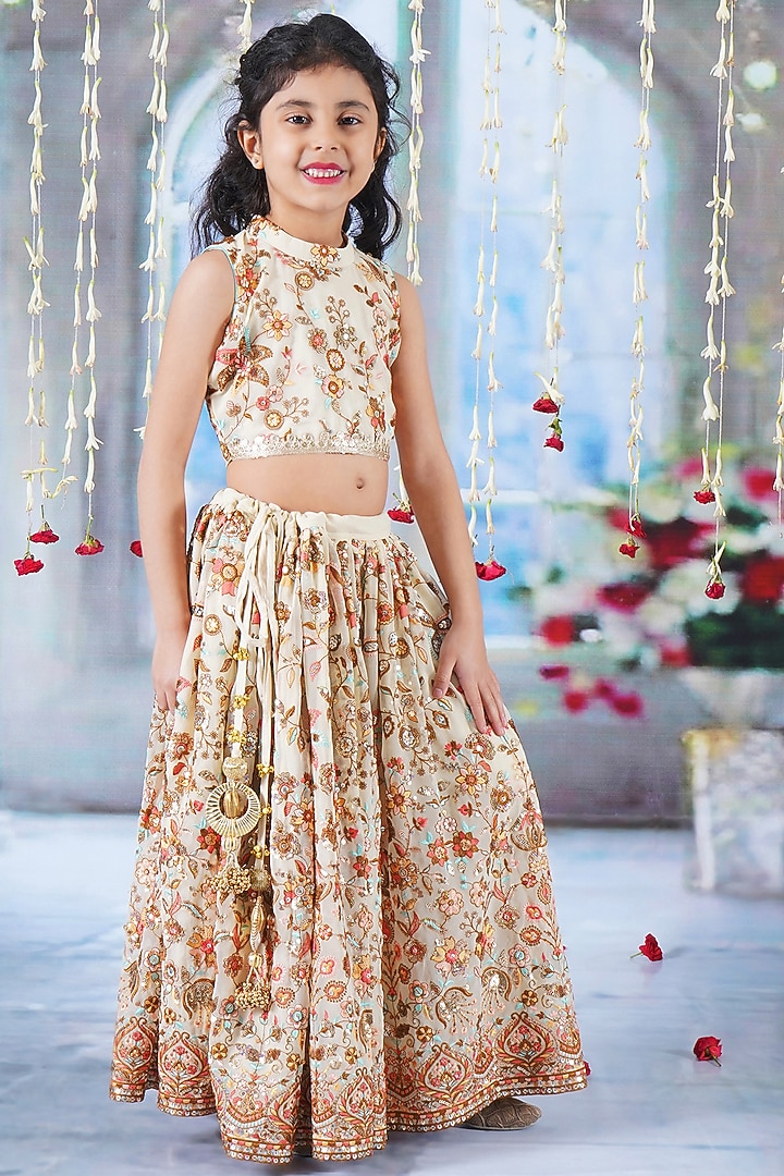 Beige Georgette Thread & Sequins Embroidered Lehenga Set For Girls by Little Bansi at Pernia's Pop Up Shop