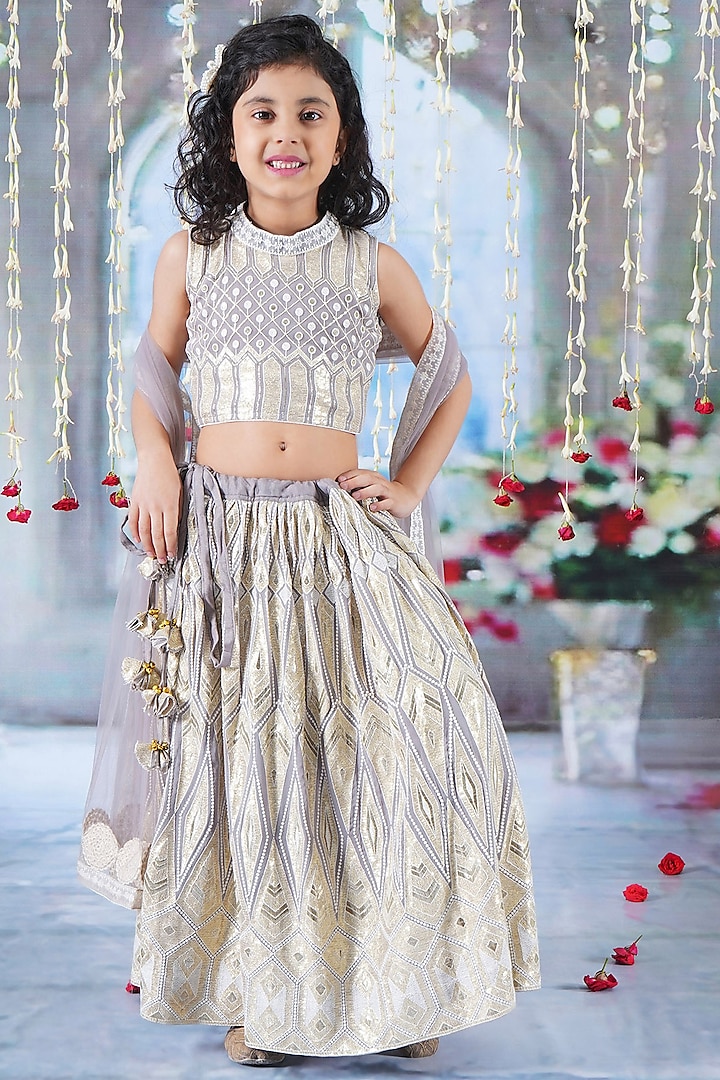 Grey Georgette Thread & Sequins Embroidered Lehenga Set For Girls by Little Bansi at Pernia's Pop Up Shop