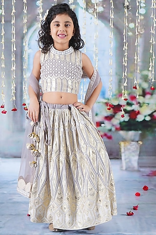 Grey Georgette Thread & Sequins Embroidered Lehenga Set For Girls by Little Bansi