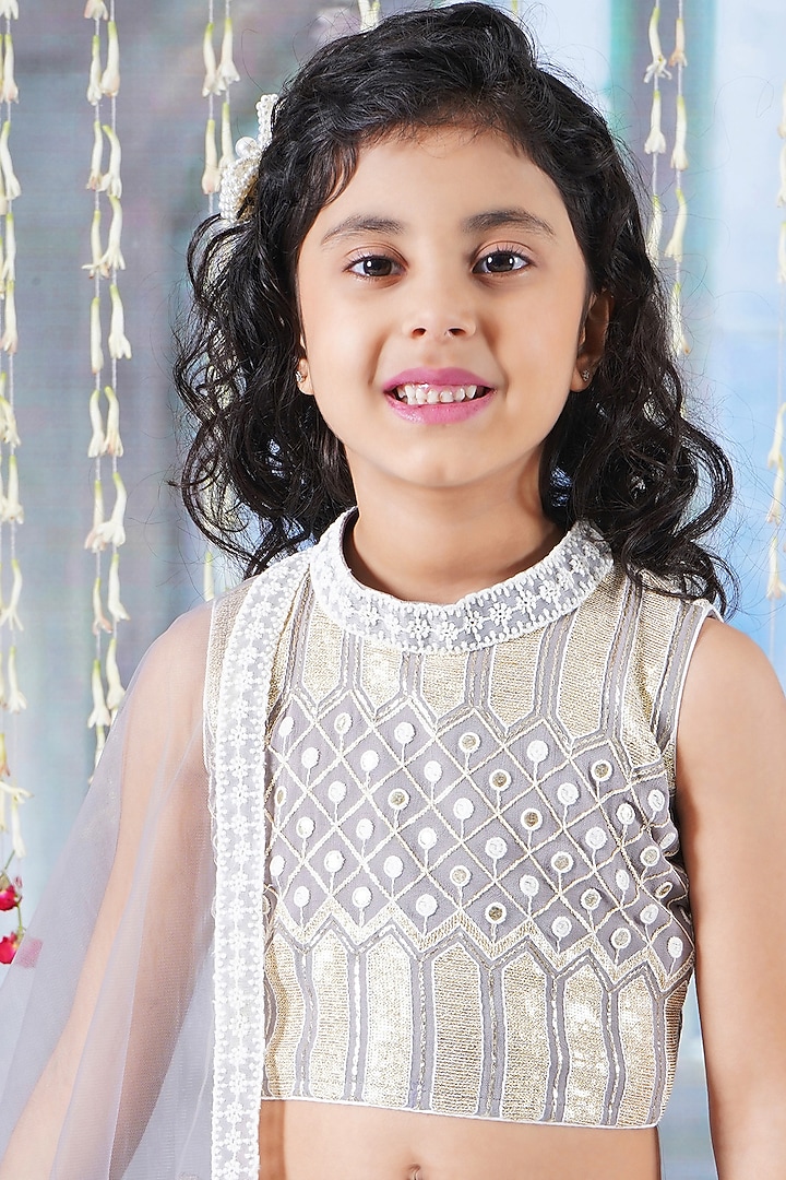 Grey Georgette Thread & Sequins Embroidered Lehenga Set For Girls by Little Bansi at Pernia's Pop Up Shop