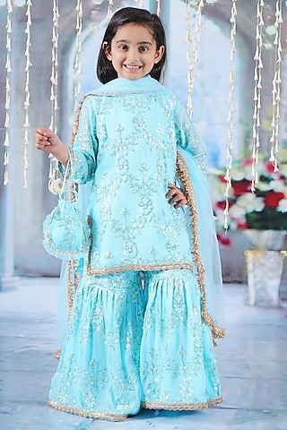 Blue Georgette & Cotton Sharara Set For Girls by Little Bansi