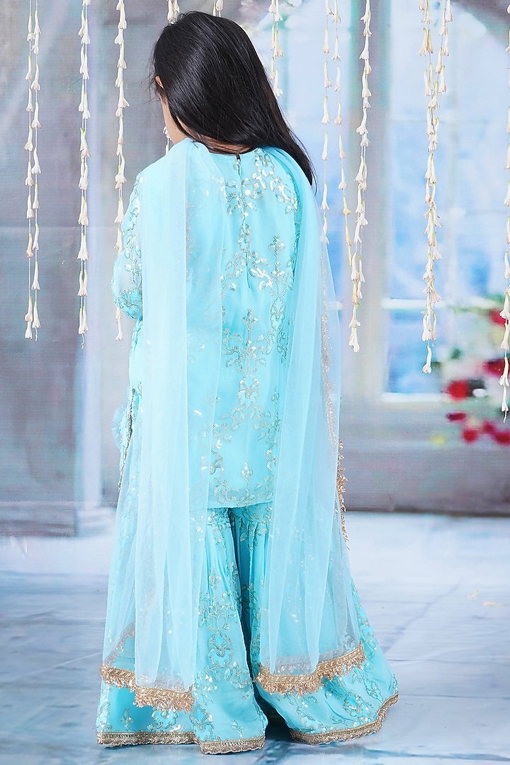Blue Georgette & Cotton Sharara Set For Girls by Little Bansi at Pernia's Pop Up Shop