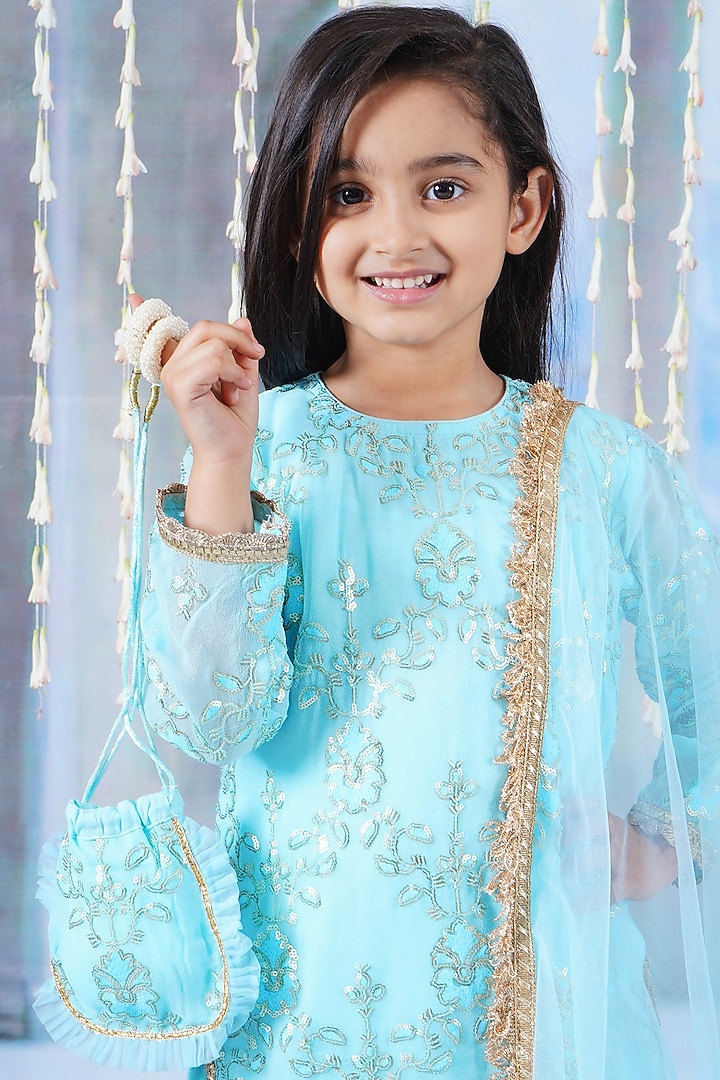 Blue Georgette & Cotton Sharara Set For Girls by Little Bansi at Pernia's Pop Up Shop