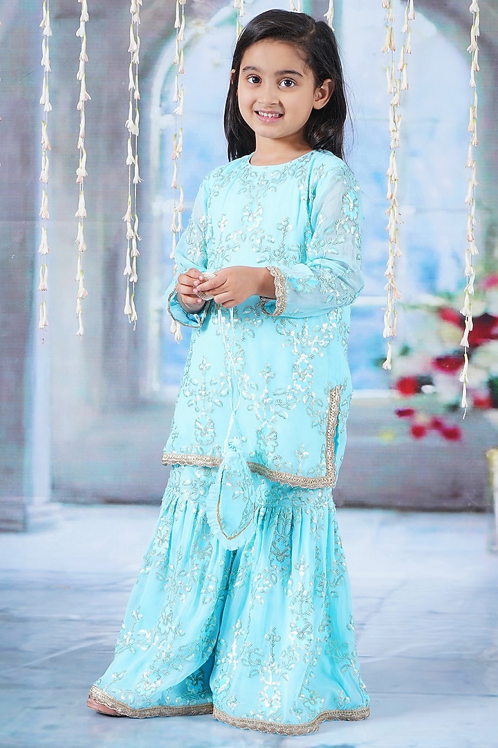 Blue Georgette & Cotton Sharara Set For Girls by Little Bansi at Pernia's Pop Up Shop