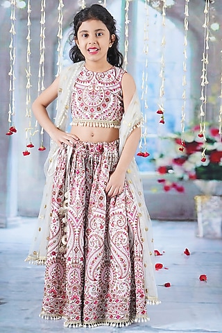 Cream Georgette & Cotton Thread Embroidered Lehenga Set For Girls by Little Bansi