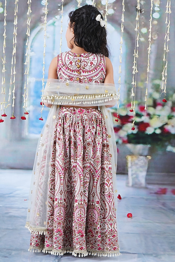Cream Georgette & Cotton Thread Embroidered Lehenga Set For Girls by Little Bansi at Pernia's Pop Up Shop