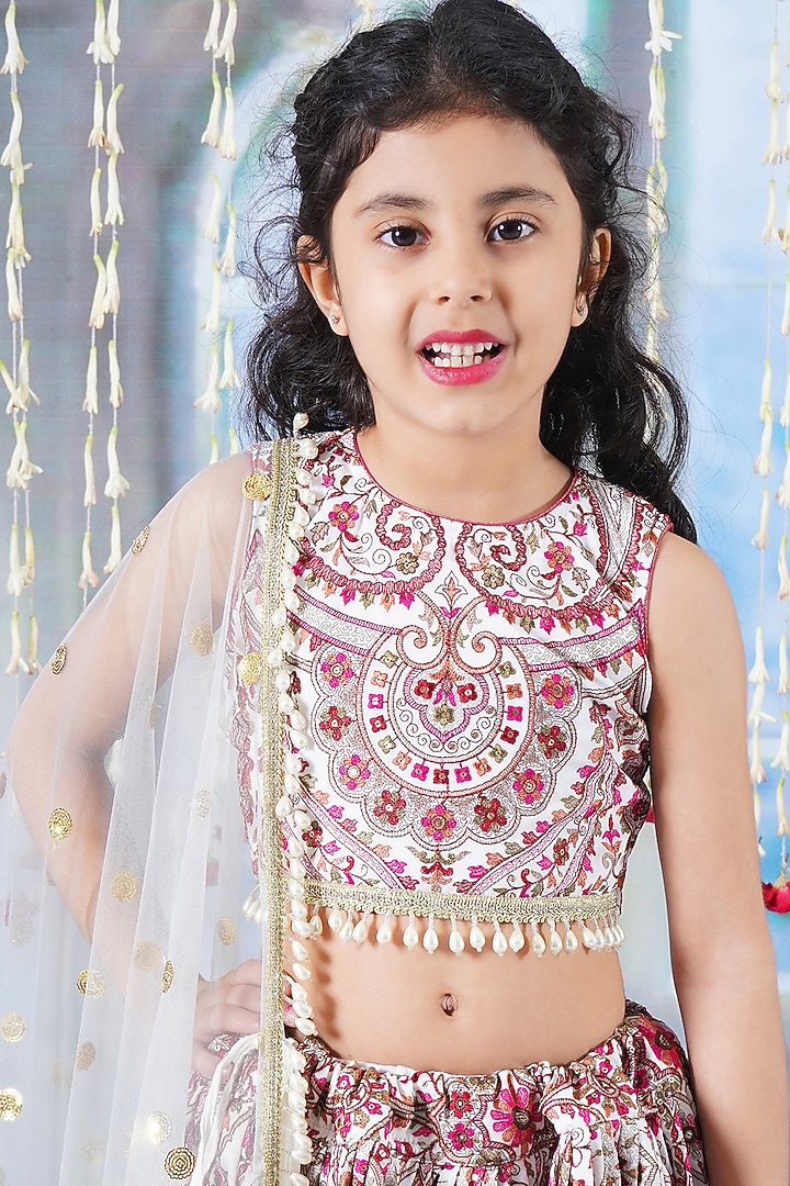 Cream Georgette & Cotton Thread Embroidered Lehenga Set For Girls by Little Bansi at Pernia's Pop Up Shop