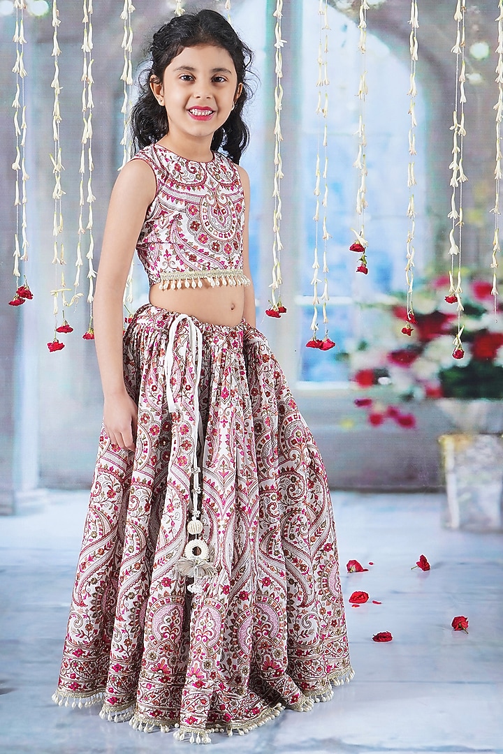Cream Georgette & Cotton Thread Embroidered Lehenga Set For Girls by Little Bansi at Pernia's Pop Up Shop
