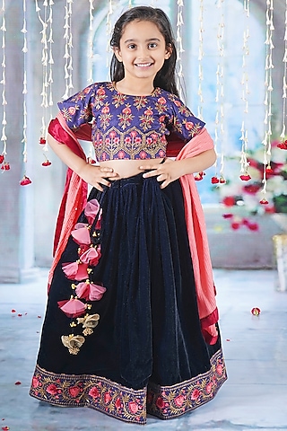 Royal Blue Velvet Floral Embroidered Lehenga Set For Girls by Little Bansi