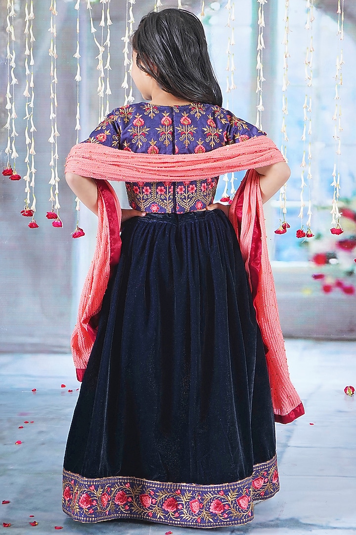 Royal Blue Velvet Floral Embroidered Lehenga Set For Girls by Little Bansi at Pernia's Pop Up Shop