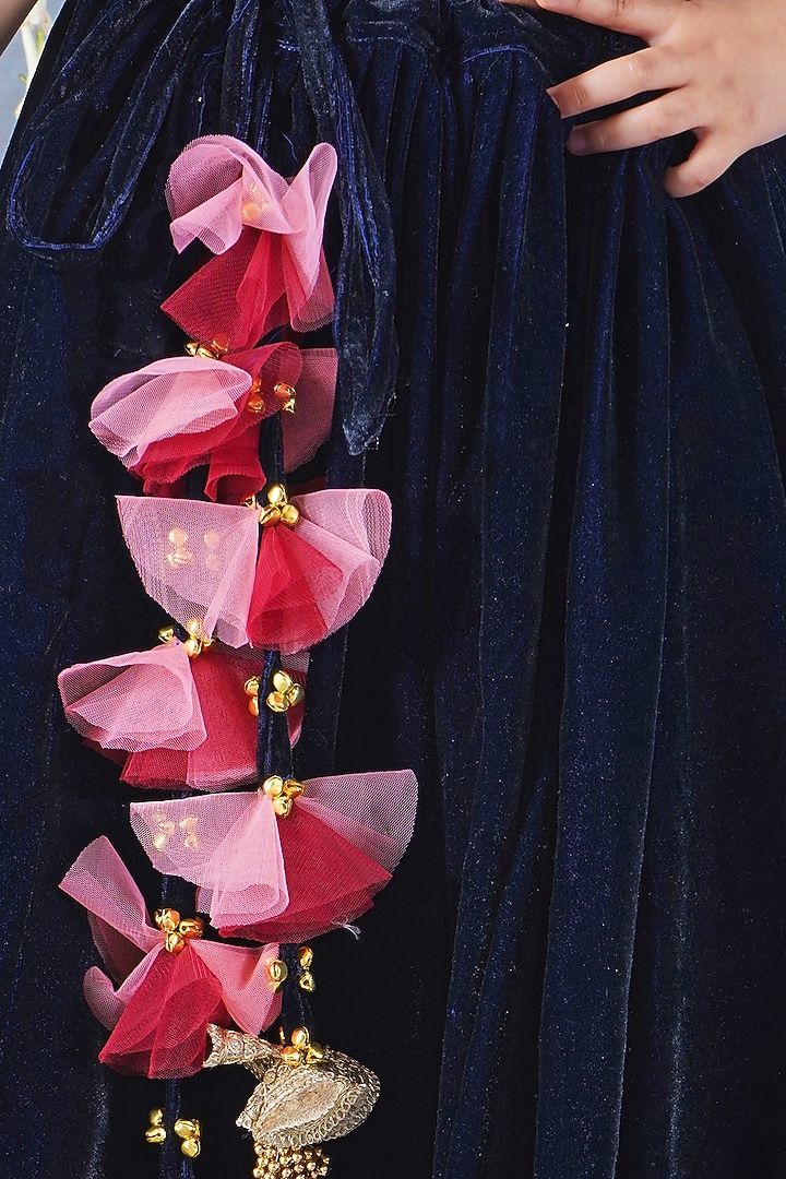 Royal Blue Velvet Floral Embroidered Lehenga Set For Girls by Little Bansi at Pernia's Pop Up Shop