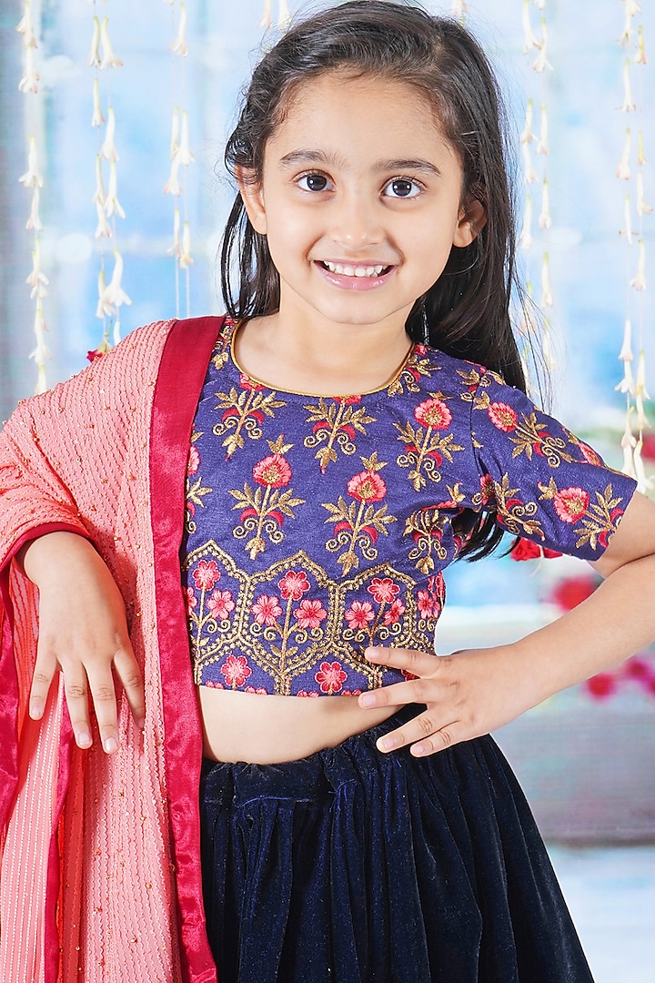 Royal Blue Velvet Floral Embroidered Lehenga Set For Girls by Little Bansi at Pernia's Pop Up Shop