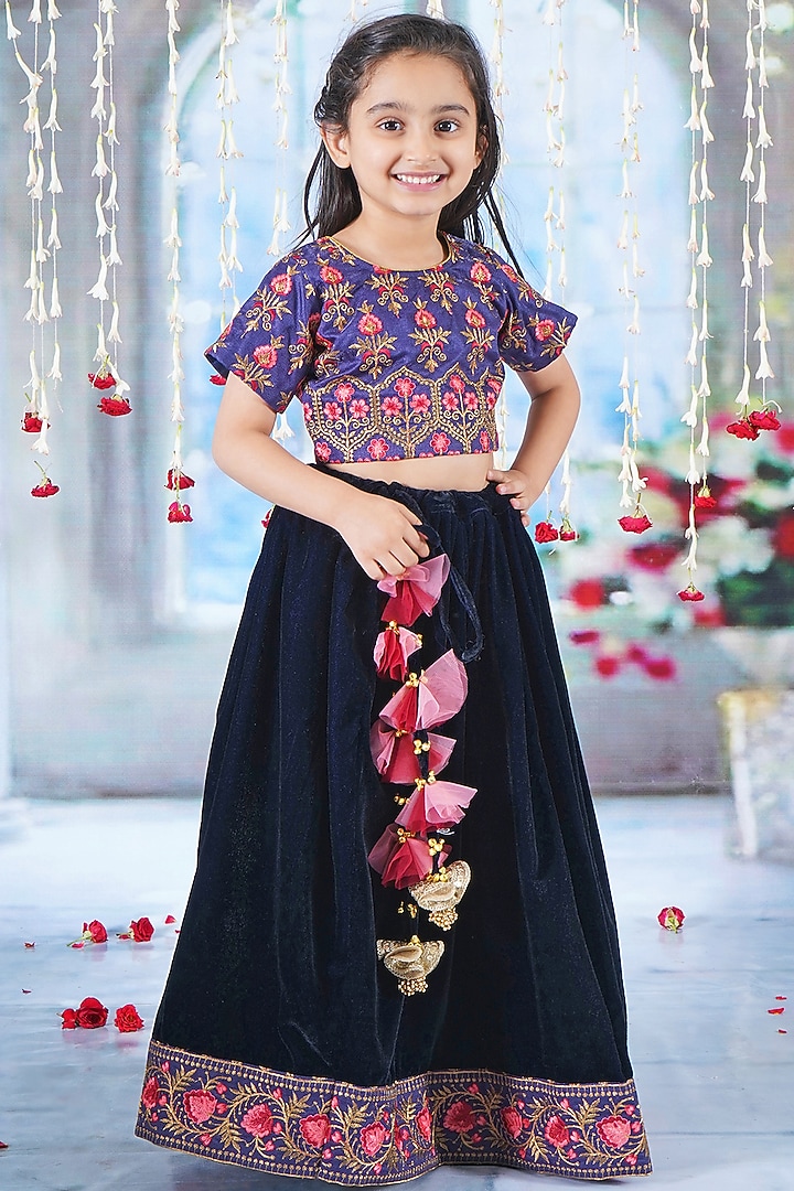 Royal Blue Velvet Floral Embroidered Lehenga Set For Girls by Little Bansi at Pernia's Pop Up Shop