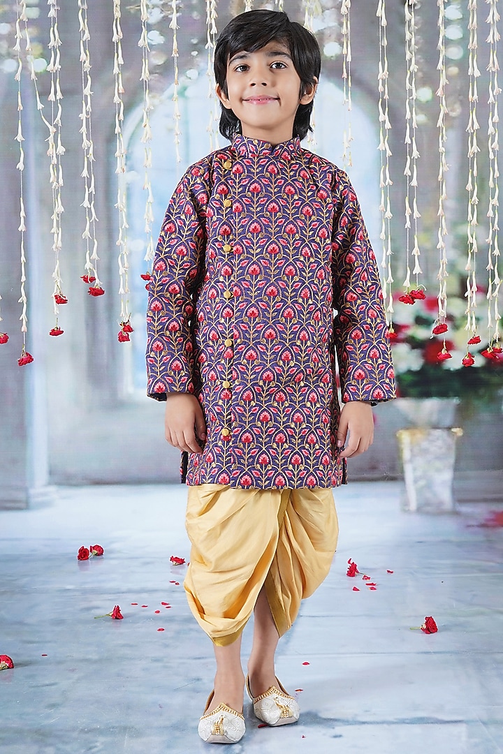 Royal Blue Mulberry Floral Embroidered Sherwani Set For Boys by Little Bansi