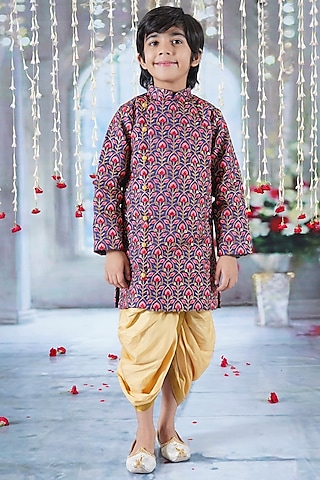 Royal Blue Mulberry Floral Embroidered Sherwani Set For Boys by Little Bansi