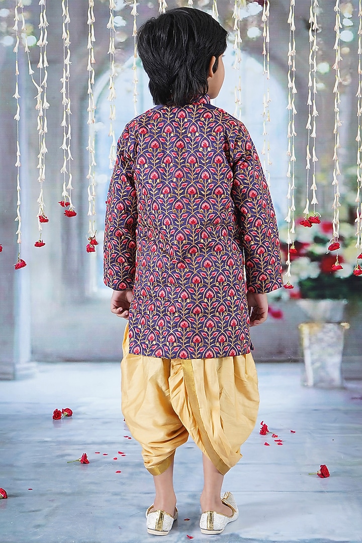 Royal Blue Mulberry Floral Embroidered Sherwani Set For Boys by Little Bansi at Pernia's Pop Up Shop