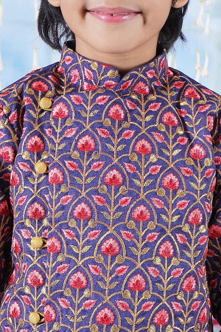 Royal Blue Mulberry Floral Embroidered Sherwani Set For Boys by Little Bansi at Pernia's Pop Up Shop