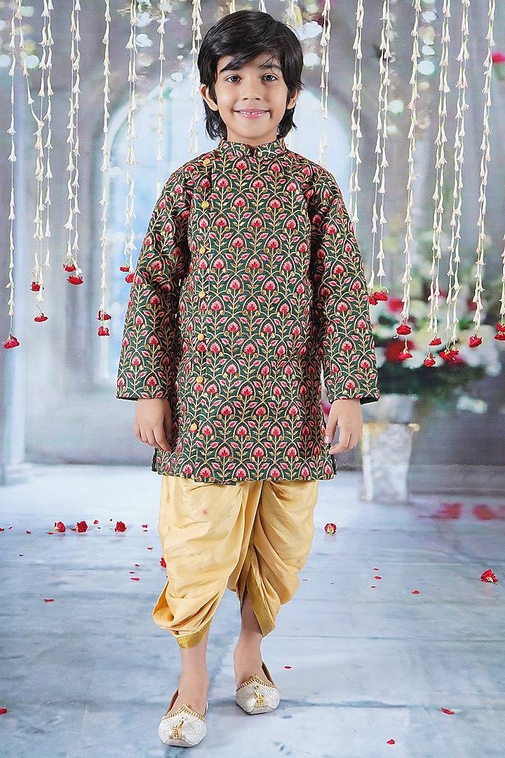 Green Mulberry Floral Embroidered Sherwani Set For Boys by Little Bansi
