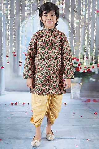 Green Mulberry Floral Embroidered Sherwani Set For Boys by Little Bansi
