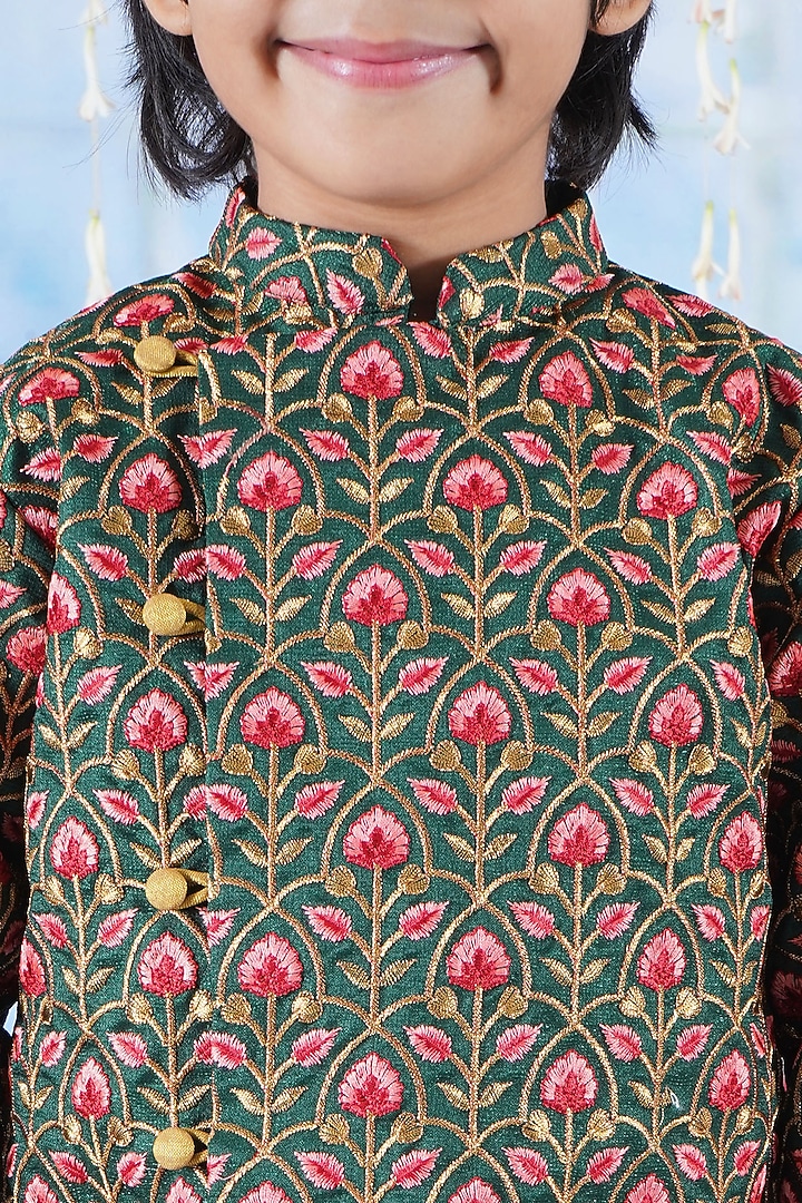 Green Mulberry Floral Embroidered Sherwani Set For Boys by Little Bansi at Pernia's Pop Up Shop