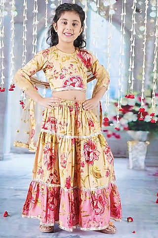 Blonde Yellow Cotton Silk Rose Printed Lehenga Set For Girls by Little Bansi