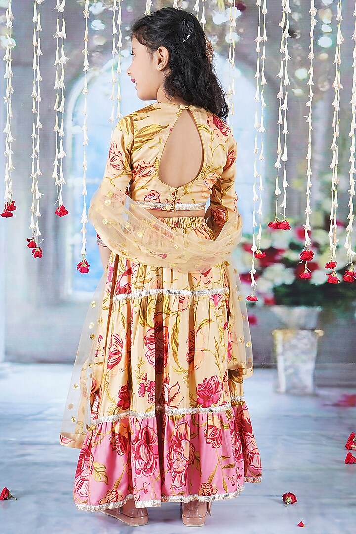 Blonde Yellow Cotton Silk Rose Printed Lehenga Set For Girls by Little Bansi at Pernia's Pop Up Shop