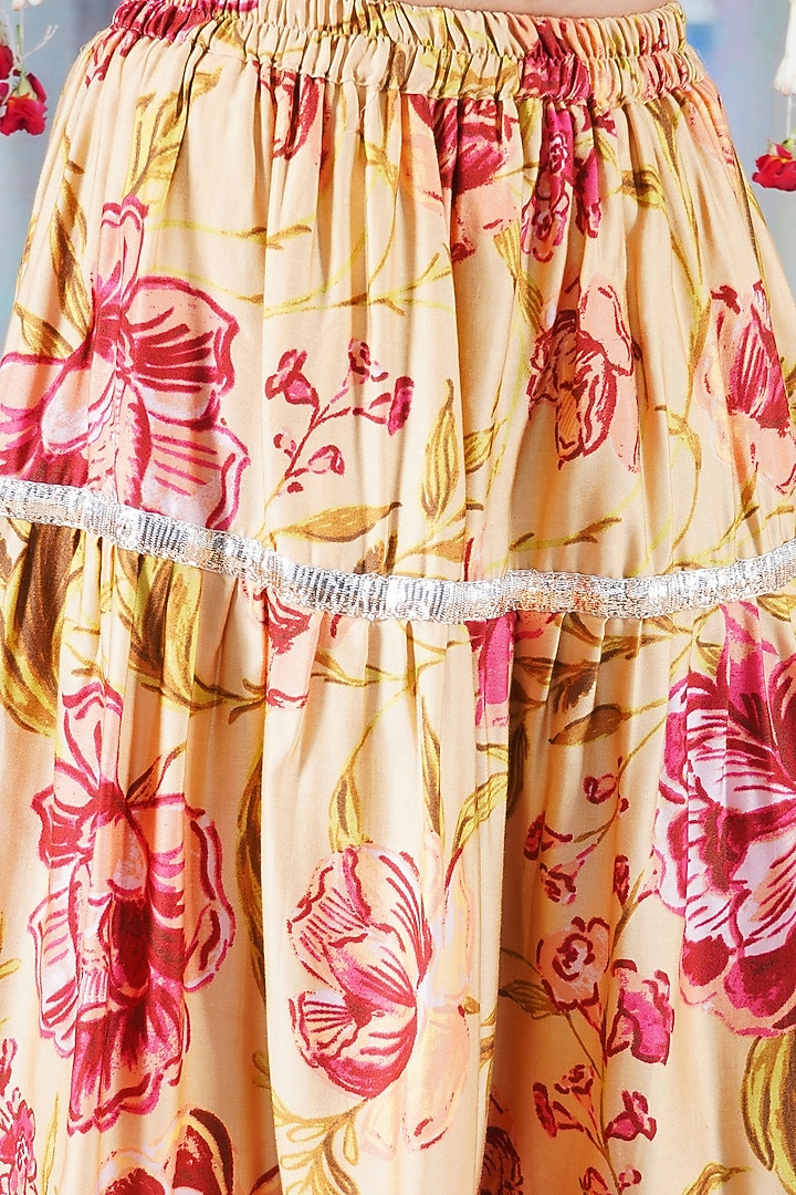Blonde Yellow Cotton Silk Rose Printed Lehenga Set For Girls by Little Bansi at Pernia's Pop Up Shop
