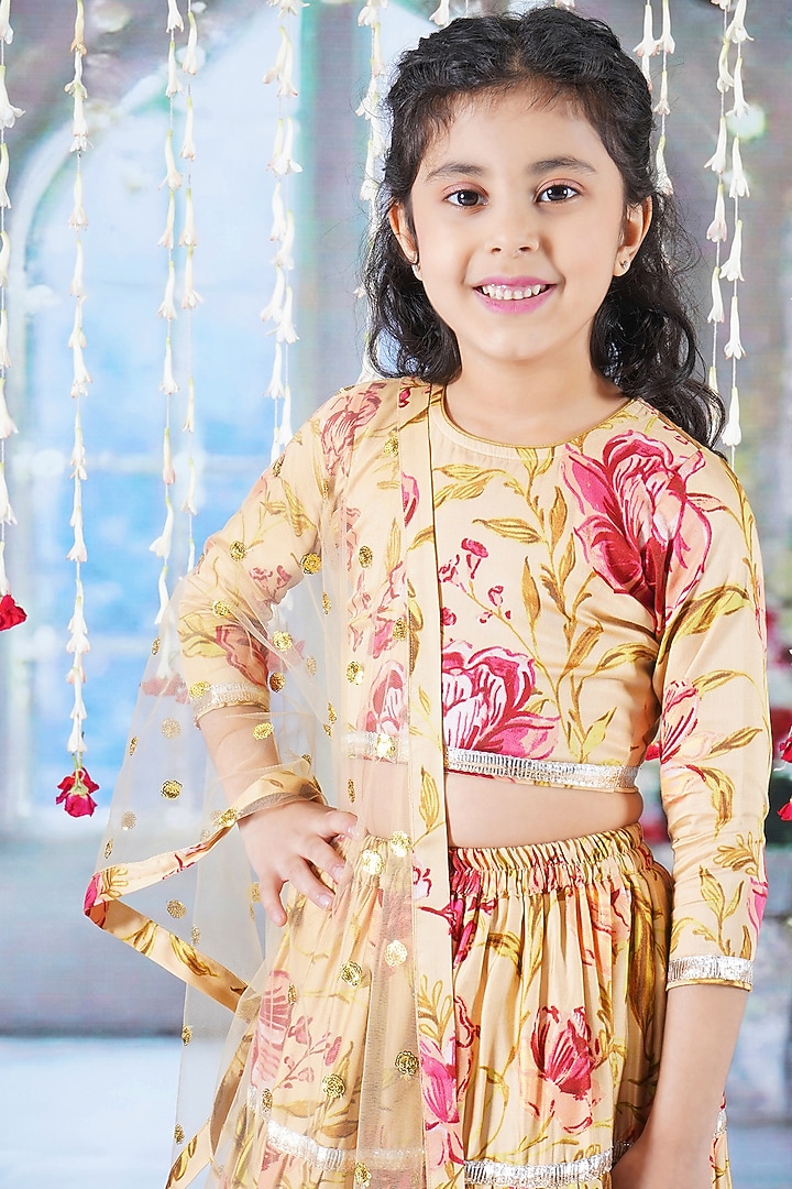 Blonde Yellow Cotton Silk Rose Printed Lehenga Set For Girls by Little Bansi at Pernia's Pop Up Shop