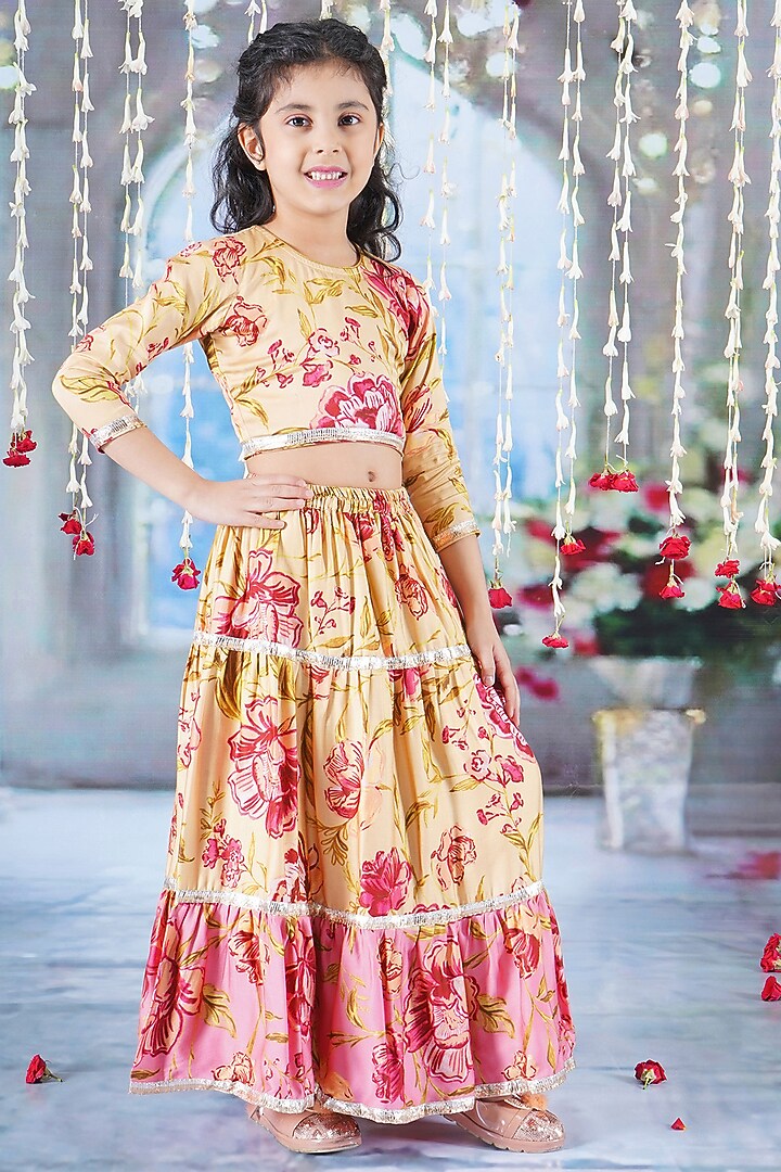 Blonde Yellow Cotton Silk Rose Printed Lehenga Set For Girls by Little Bansi at Pernia's Pop Up Shop