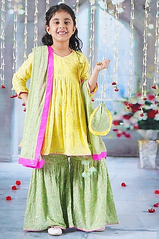 Green Cotton Floral Embroidered Sharara Set For Girls by Little Bansi