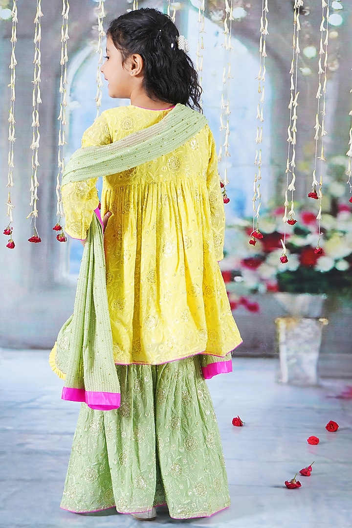 Green Cotton Floral Embroidered Sharara Set For Girls by Little Bansi at Pernia's Pop Up Shop