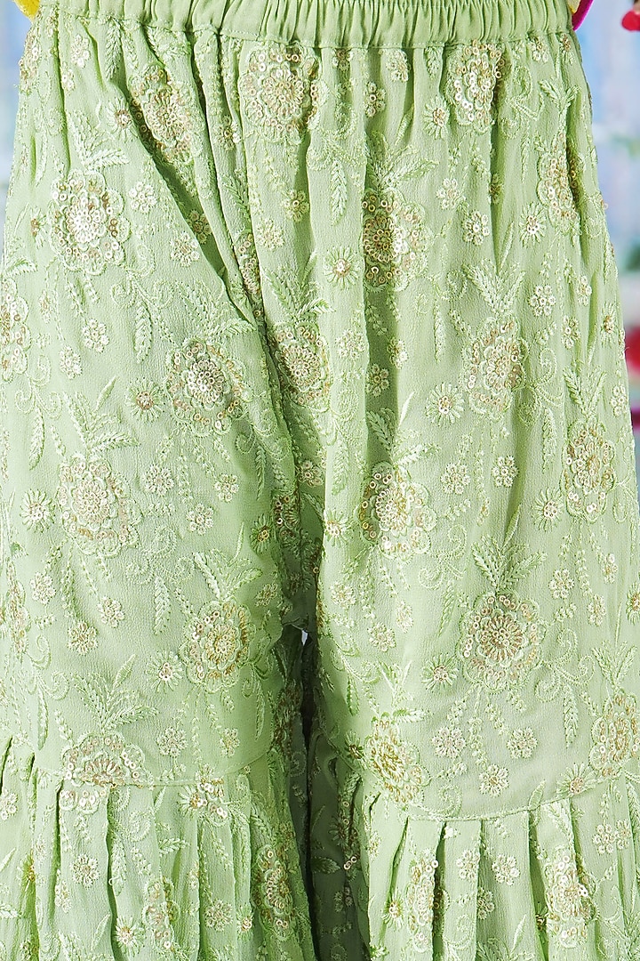 Green Cotton Floral Embroidered Sharara Set For Girls by Little Bansi at Pernia's Pop Up Shop