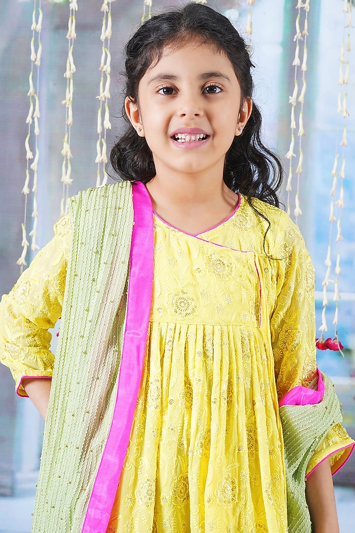 Green Cotton Floral Embroidered Sharara Set For Girls by Little Bansi at Pernia's Pop Up Shop