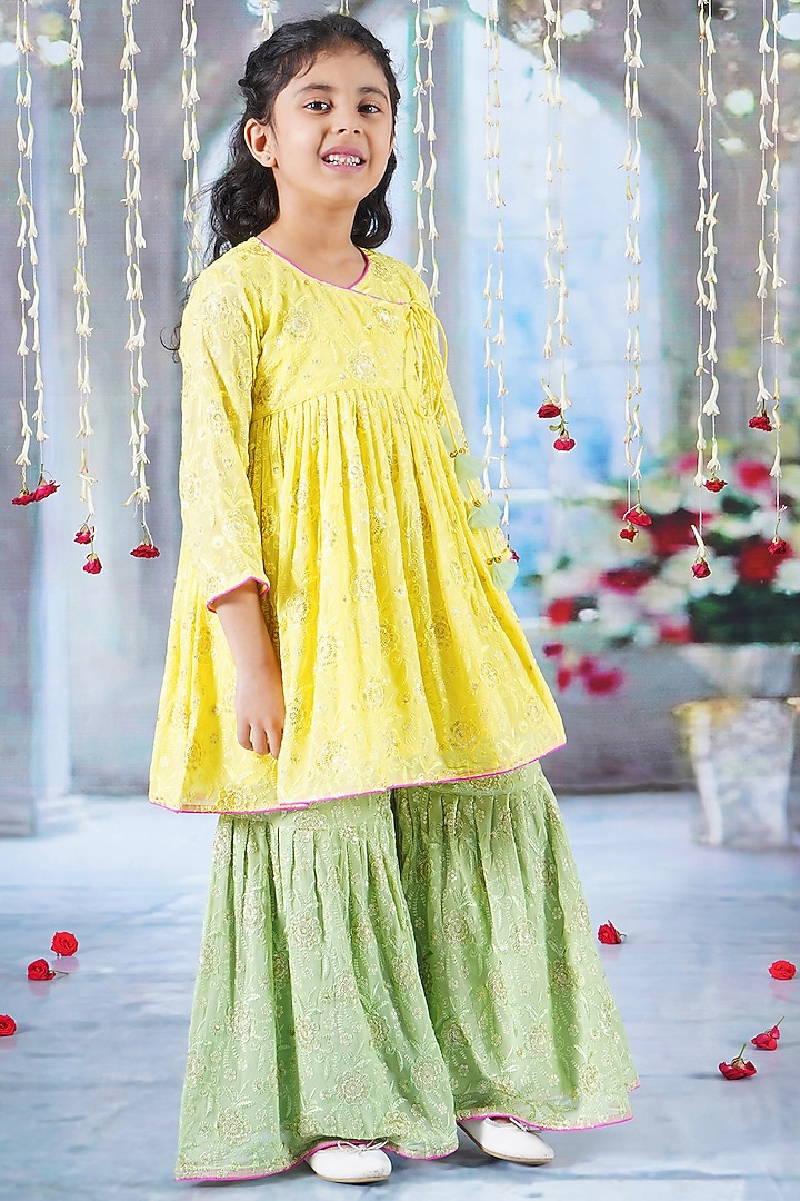 Green Cotton Floral Embroidered Sharara Set For Girls by Little Bansi at Pernia's Pop Up Shop