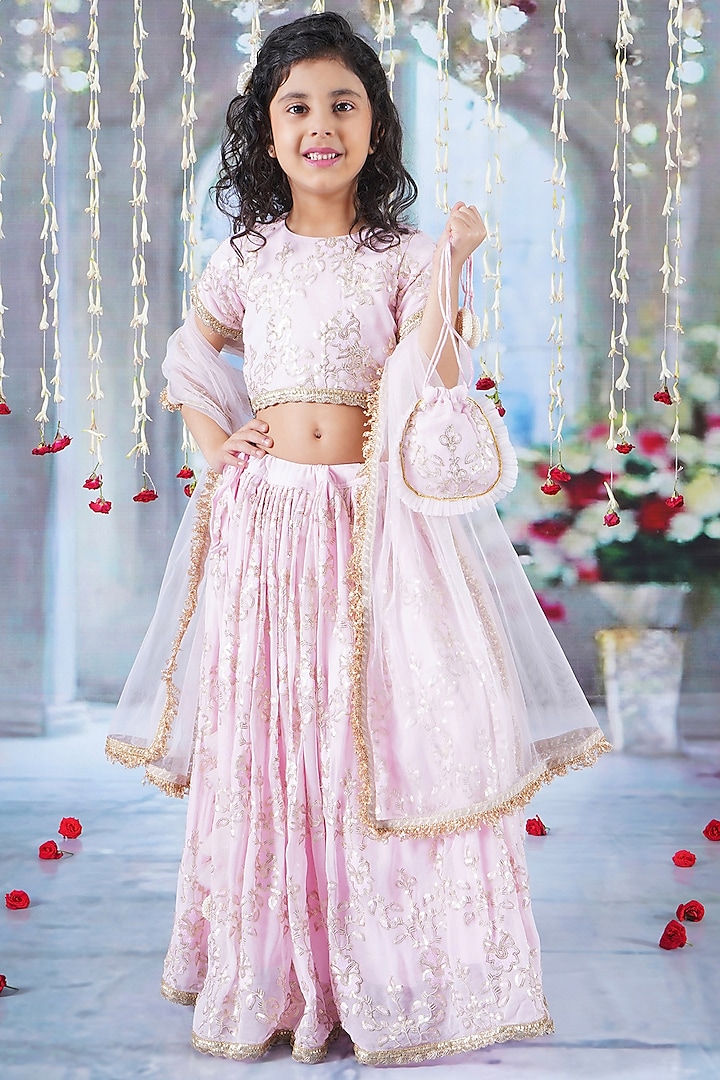 Baby Pink Cotton Viscose Thread & Sequins Embroidered Lehenga Set For Girls by Little Bansi
