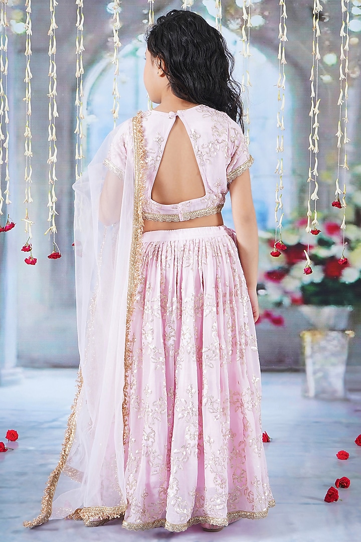 Baby Pink Cotton Viscose Thread & Sequins Embroidered Lehenga Set For Girls by Little Bansi at Pernia's Pop Up Shop