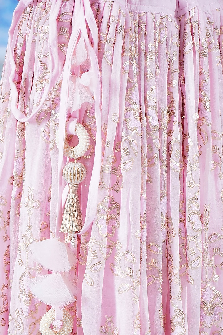 Baby Pink Cotton Viscose Thread & Sequins Embroidered Lehenga Set For Girls by Little Bansi at Pernia's Pop Up Shop