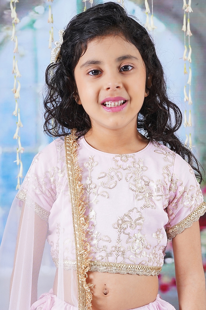 Baby Pink Cotton Viscose Thread & Sequins Embroidered Lehenga Set For Girls by Little Bansi at Pernia's Pop Up Shop