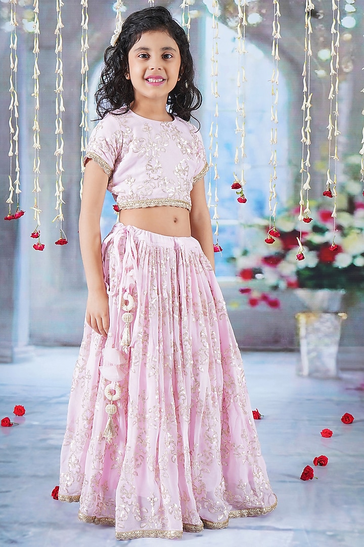 Baby Pink Cotton Viscose Thread & Sequins Embroidered Lehenga Set For Girls by Little Bansi at Pernia's Pop Up Shop