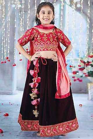 Cherry Red Velvet Floral Embroidered Lehenga Set For Girls by Little Bansi