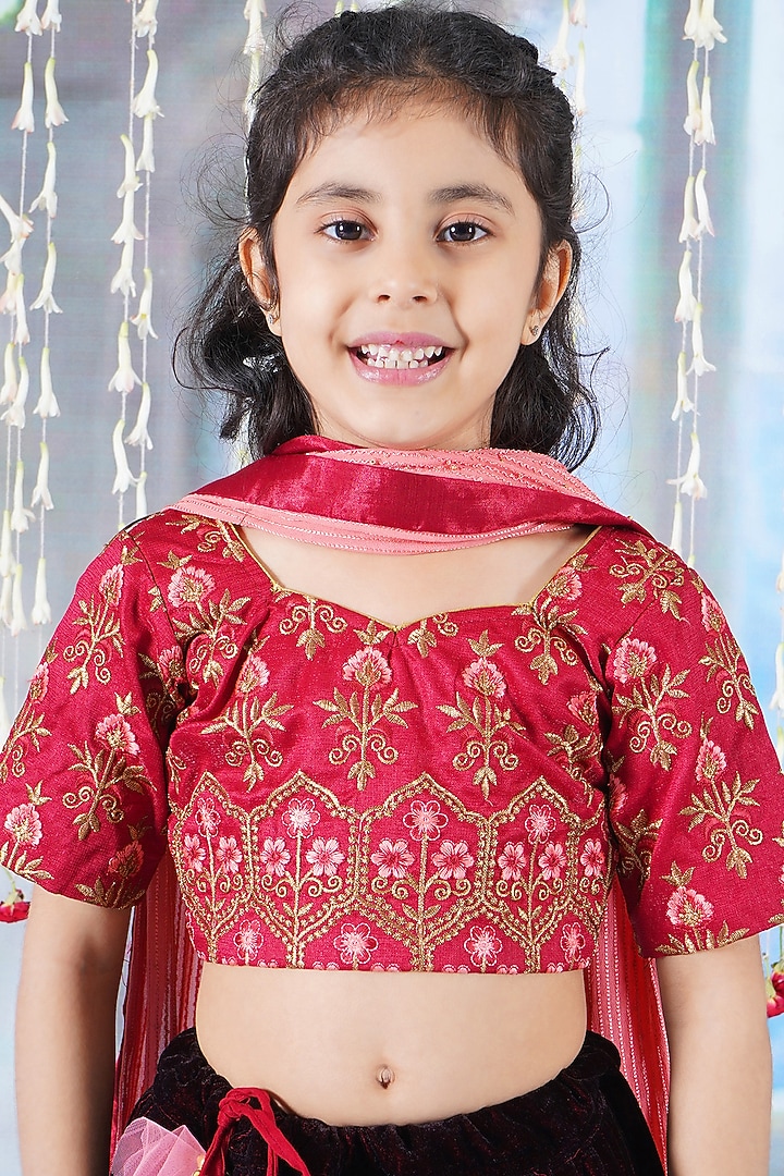 Cherry Red Velvet Floral Embroidered Lehenga Set For Girls by Little Bansi at Pernia's Pop Up Shop
