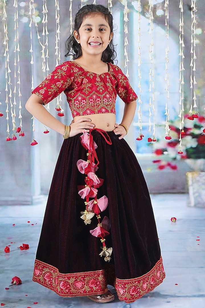 Cherry Red Velvet Floral Embroidered Lehenga Set For Girls by Little Bansi at Pernia's Pop Up Shop