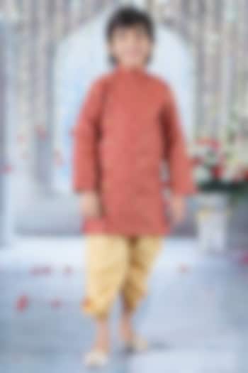 Cherry Red Mulberry Floral Embroidered Sherwani Set For Boys by Little Bansi