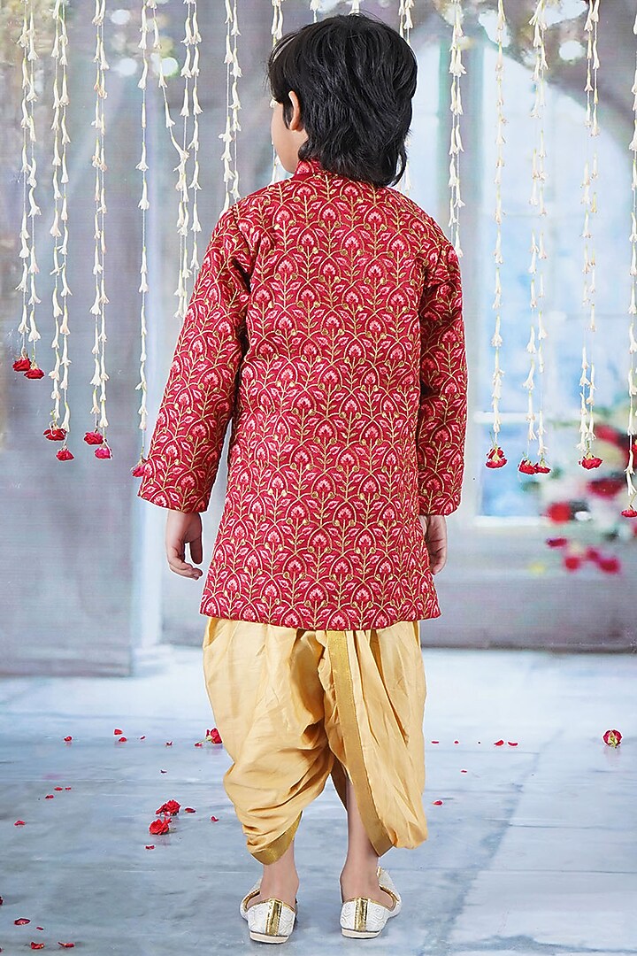 Cherry Red Mulberry Floral Embroidered Sherwani Set For Boys by Little Bansi at Pernia's Pop Up Shop