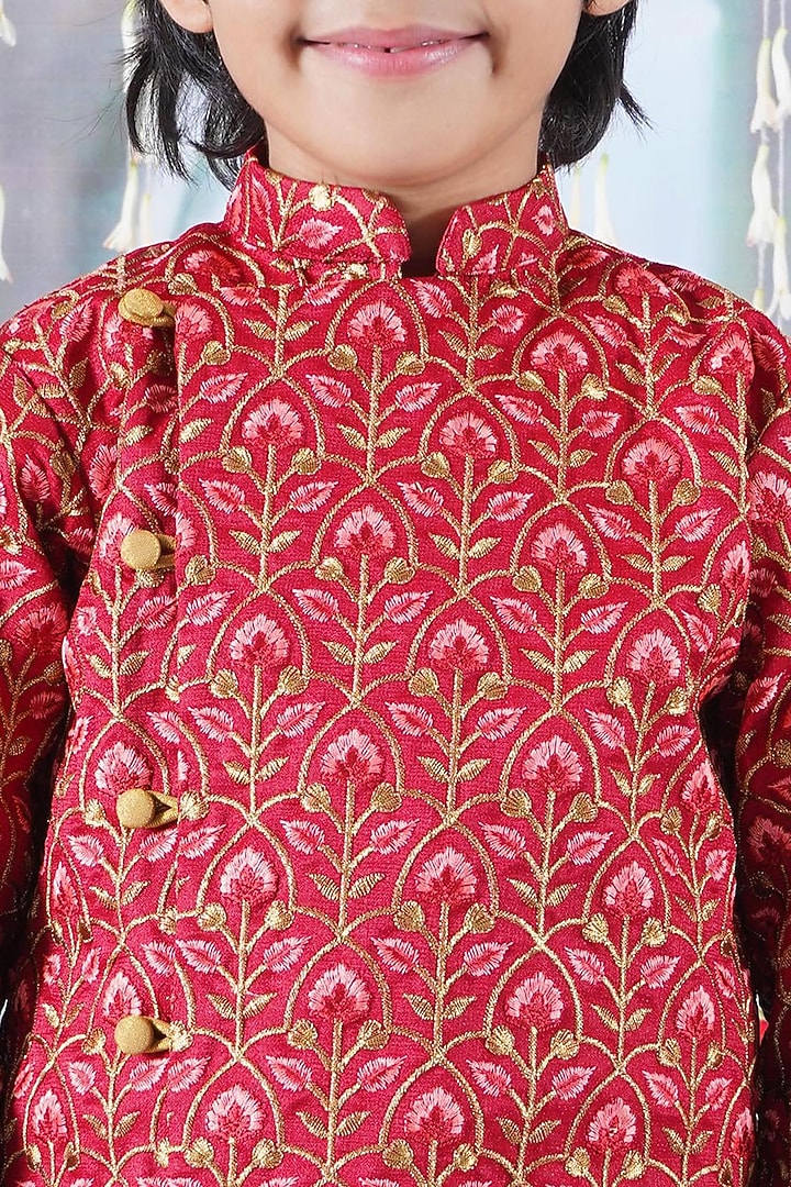 Cherry Red Mulberry Floral Embroidered Sherwani Set For Boys by Little Bansi at Pernia's Pop Up Shop