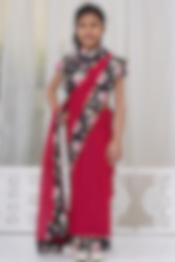 Magenta Georgette Floral Printed Ready To Wear Saree Set For Girls by Little Bansi at Pernia's Pop Up Shop