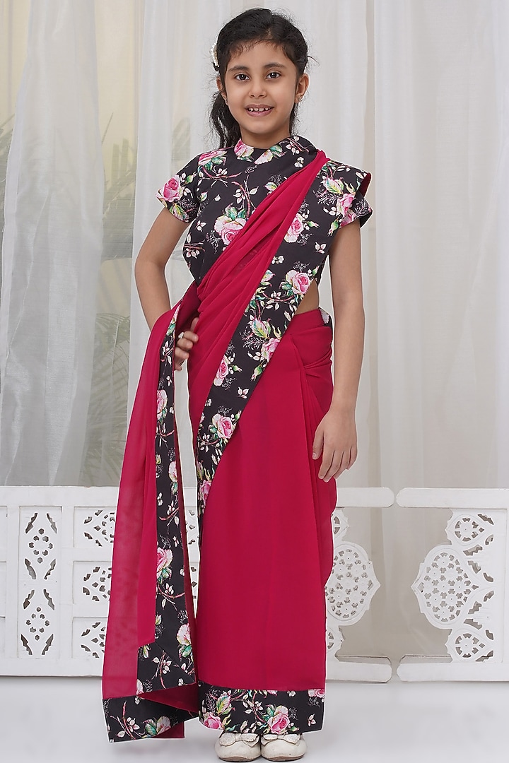 Magenta Georgette Floral Printed Ready To Wear Saree Set For Girls by Little Bansi at Pernia's Pop Up Shop