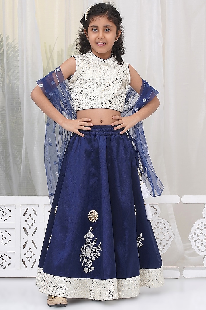 Royal Blue Silk Brocade Sequins Work Lehenga Set For Girls by Little Bansi at Pernia's Pop Up Shop