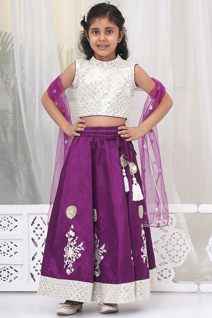 Purple Silk Brocade Sequins Work Lehenga Set For Girls by Little Bansi at Pernia's Pop Up Shop